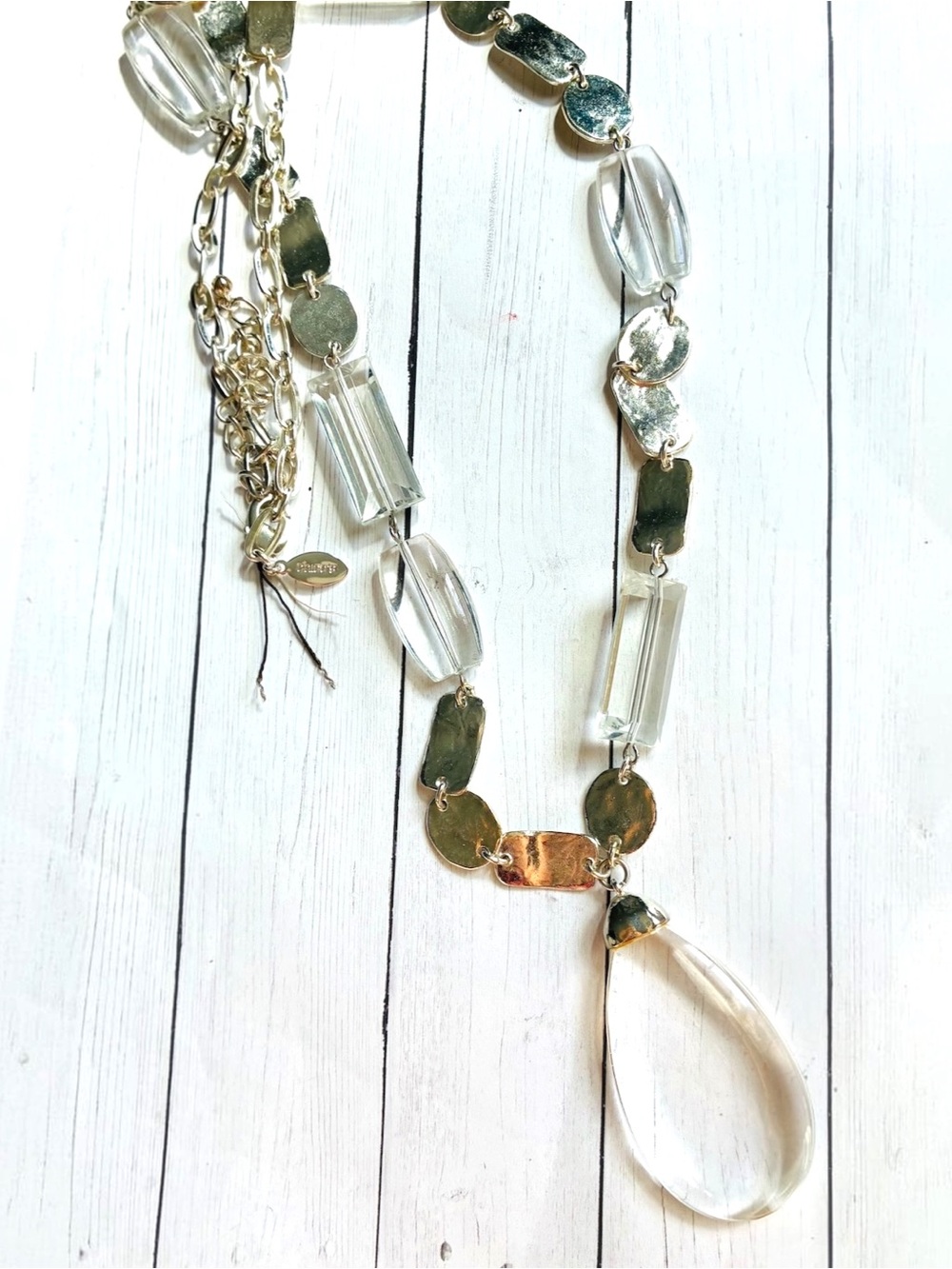 NWOT Chico's Silver Clear Acrylic Beads Teardrop Pendant Statement Necklace